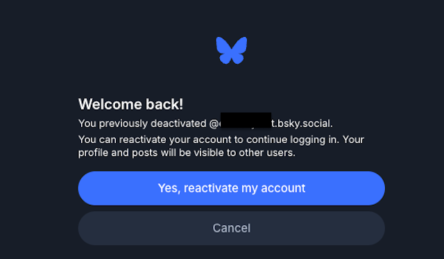 Bluesky app showing the Switch Account screen with Cancel option