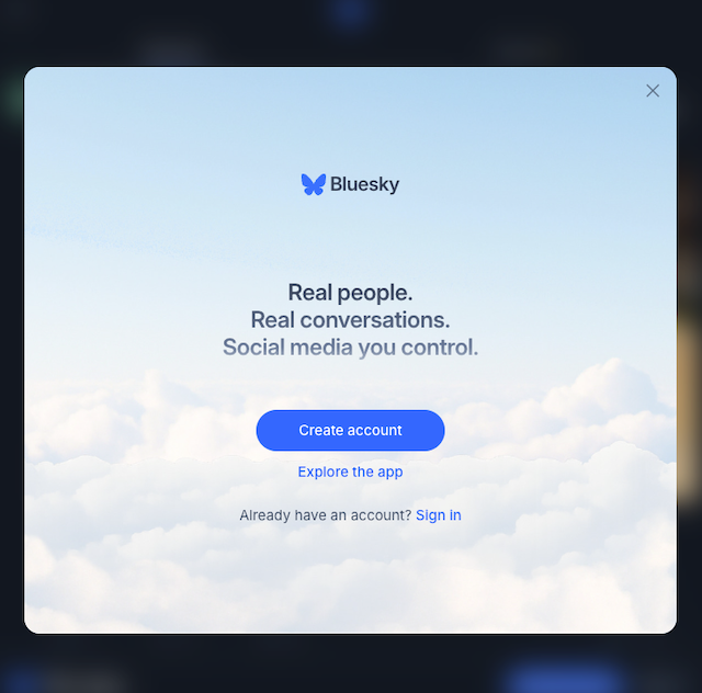 Bluesky sign-in screen showing account listed as logged out
