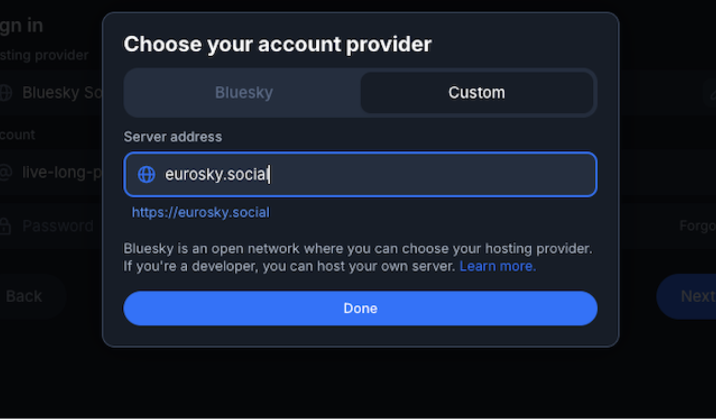Hosting provider popup with Custom selected and eurosky.social entered