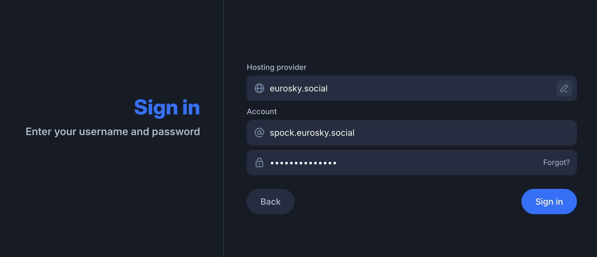 Sign-in form with username and password fields filled in