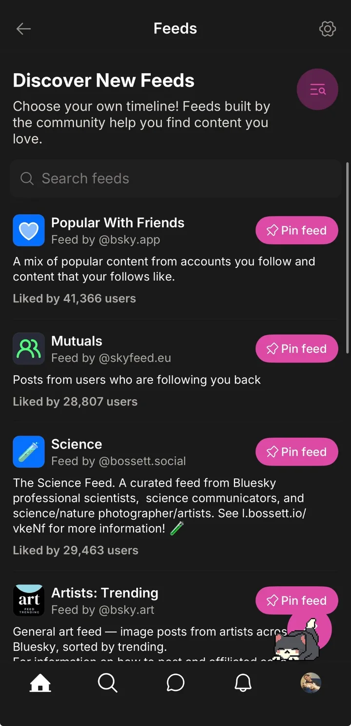 The Discover New Feeds screen in mu, listing community-built feeds with a Pin feed button beside each.