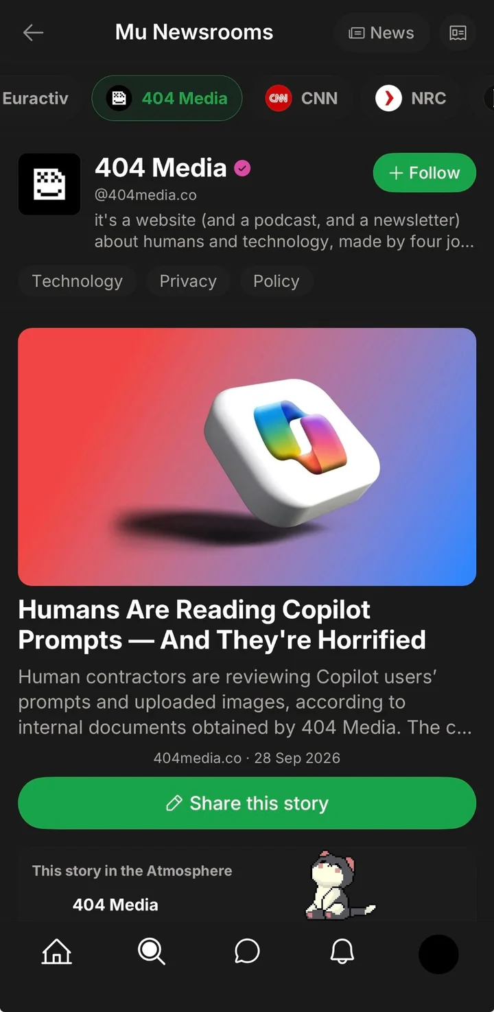 A Frontpage in mu: the outlet name with a verified badge, a Follow button, topic tags, and its latest story with image and a Share this story button.