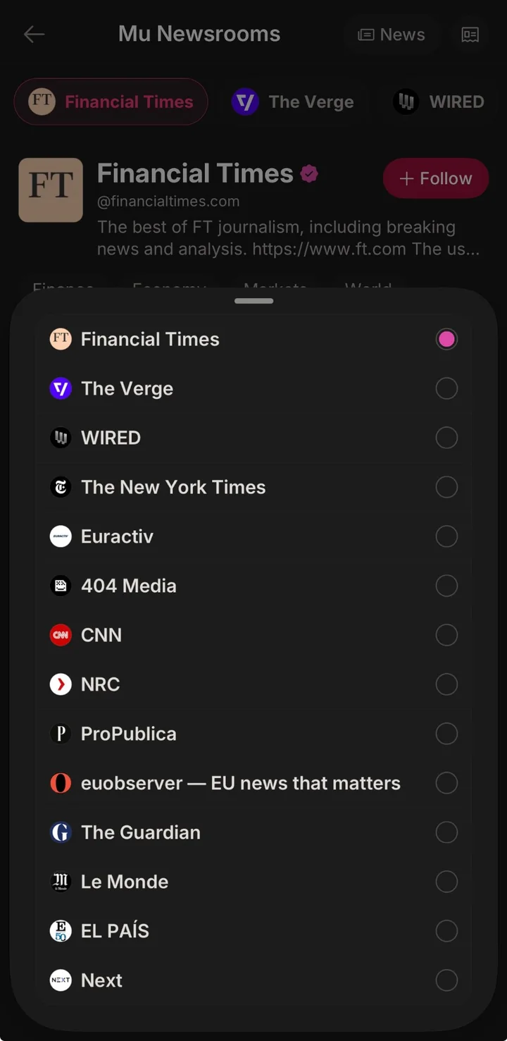 A list of news outlets in mu that a reader can switch between, each with its logo.