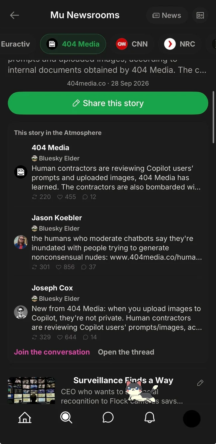 A story in mu with a panel titled This story in the Atmosphere, listing posts about it from the outlet and its journalists, with reply, repost and like counts.