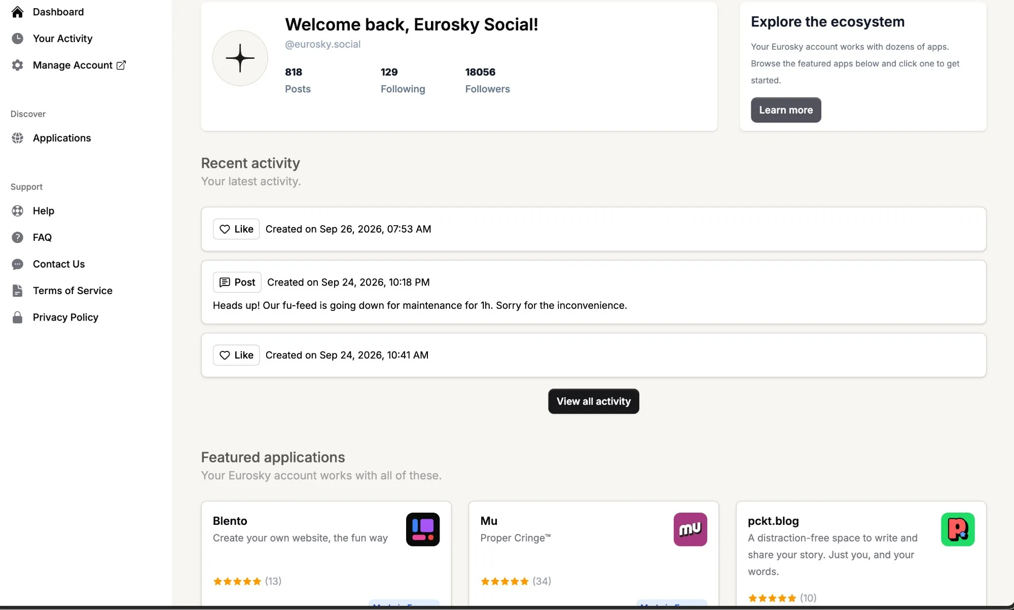 The Eurosky Portal dashboard: a welcome panel with post, following and follower counts, a list of recent activity, and a row of featured applications.